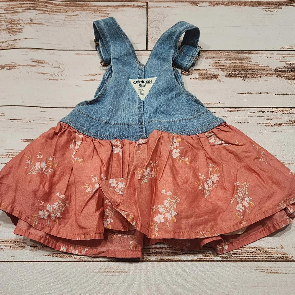 OSH KOSH Denim Overall Dress Floral Peach Baby Girl 12 Months